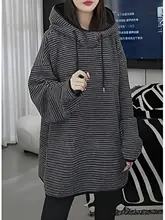 春季おすすめのストライプフード付きパーカー【中長丈・女性用・お尻カバー】
