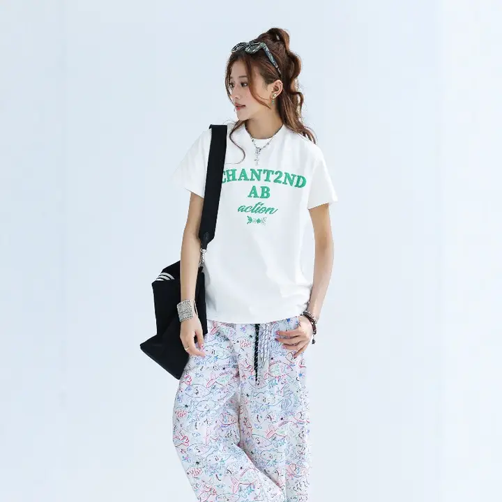 発泡プリントロゴ付き 体にフィットするショート袖Tシャツ【涼感素材・女性用】