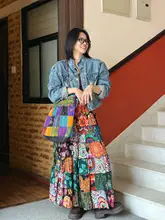 レトロなカラフルプリントのパッチワークスカート【春夏用・コットン・民族風・大きなフレア】（セットアップ対応）