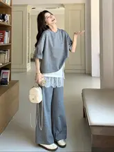 フィット 短袖Tシャツとワイドパンツの夏用セットアップ【レース切替デザイン・女性用】（セットアップ対応）