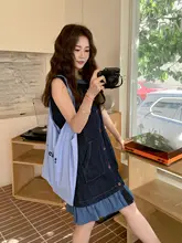 深い青のチェック柄ノースリーブデニムワンピース【デザイン性のある重ね着風・夏用】