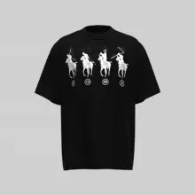 乗馬デザインのゆったりとしたプリントTシャツ【コットン・小さめの襟・短袖】