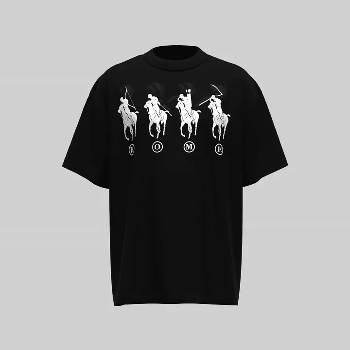 乗馬デザインのゆったりとしたプリントTシャツ【コットン・小さめの襟・短袖】