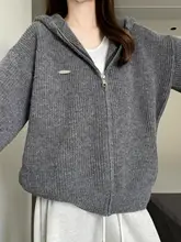 グレー フード付き ニットカーディガン【秋冬用・ルーズフィット・ジッパー付き】