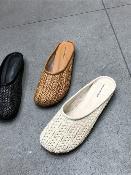 丸頭デザインのラフサンダル【籐と草編み・レトロスタイル・通気性・低ヒール】