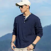海行 メンズ ホワイトボディ 綿100% ロングスリーブ ヘンリーネック Tシャツ【春夏用・アメリカンレトロ・ルーズフィット】