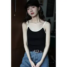 復古風バイカラー ニットキャミソール【夏用・美背デザイン・無袖】