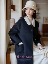 Moriirose 深灰色 バイカラー ハートボタン ウール ダブルフェイス コート【冬用・レトロ・中長丈】