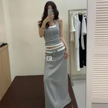 デジタルカラー切り替えデザインのハイウエストリボン付きロングスカート【スリット入り・春夏用】（セットアップ対応）