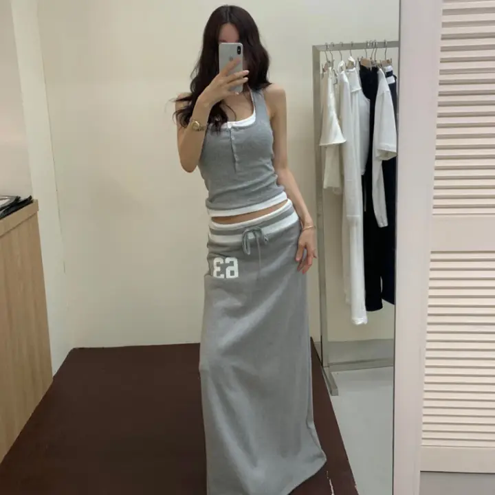 デジタルカラー切り替えデザインのハイウエストリボン付きロングスカート【スリット入り・春夏用】（セットアップ対応）
