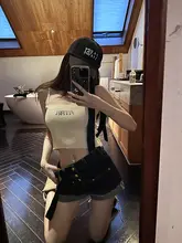 ガブリエルスタイルのレトロブルー中腰ワイドデニムサロペットパンツ