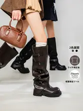 高筒のレトロ風ブーツ【秋冬用・裏起毛・女性用】