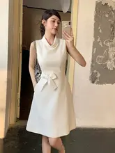 白色フレンチスタイルの無袖リボン付きワンピース【極上の柔らかさ・シンプルデザイン】