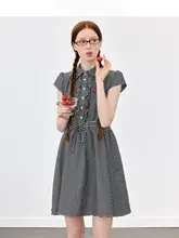 ブルー＆ホワイトチェックのウエスト絞り長袖シャツワンピース【学院風】（セットアップ対応）