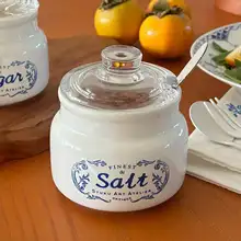 Syuku art オリジナルデザインのフレンチスタイル ブルーフラワー セラミック 調味料瓶【ヴィンテージ風】