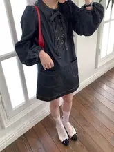 クロスストラップデザインのデニムワンピース【春向け・ゆったりシルエット・バルーンスリーブ・ショートスカート】（セットアップ対応）