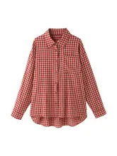 フィット赤いチェック柄UVカットシャツ【女性用・春夏・ルーズシルエット】
