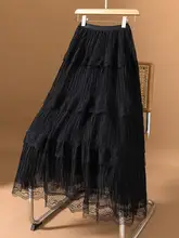 黒のネットレース プリーツスカート【女性用・中長丈・ケーキスタイル・大きいサイズ対応】