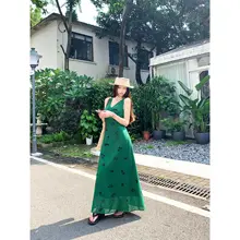 レトロなグリーンの花柄キャミワンピース【春夏・ウエストフィット・デザイン】（セットアップ対応）