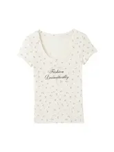 白い小花柄の肩出し短袖Tシャツ【女性用・夏用・フィットデザイン・ロゴプリント】