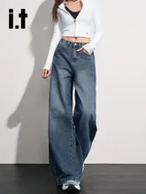 深い青のワイドレッグデニムパンツ【ハイウエスト・ストレート・フィット】