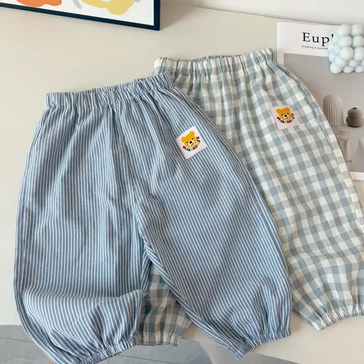 子供用 日系スタイル 防蚊パンツ【春夏用・簡素なデザイン・コットン・チェック柄・長ズボン】