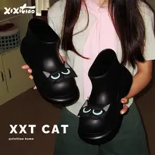 女性用ファッショナブルな防水防滑水靴【厚底・可愛い黒猫デザイン・四季対応】