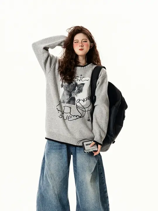 アメリカンヴィンテージデザイン！小犬モチーフのクルーネックセーター【秋用・ゆったりシルエット・着回しやすい】