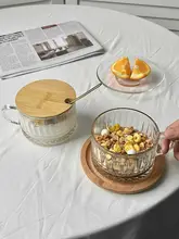大容量ガラス製朝食カップ【浮彫デザイン・フルーツヨーグルト用・蓋付き・スプーン付き】