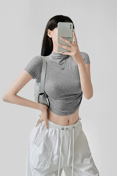 レディース 半高ネックTシャツ【夏用・リブ編み・フィット感・ウエストシェイプ】