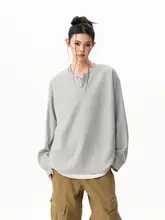 ワッフル模様の長袖Tシャツ【ユニセックス・春用・ヘンリーネック・ゆったりシルエット】