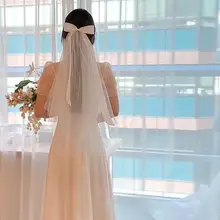 シンプルなロングウェディングベール【韓国スタイル・フォト撮影用・結婚証明書用】
