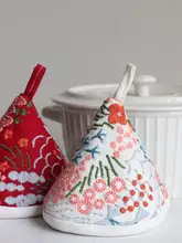 鍋のふたカバー 三角形 耐熱 キッチン 鍋の持ち手 刺繍 ソフトグリップマット