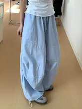 浅い青のストライプ刺繍カーゴパンツ【ゆったりしたシルエット・速乾・スタイル】（セットアップ対応）