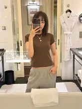 Vickyoung リブ編みドロップショルダー丸首Tシャツ【シンプル無地・春夏用・レディース】