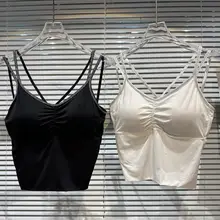 背中が透けるデザインの水晶装飾付きストラップタンクトップ【極上の柔らかさ・バストパッド付き】
