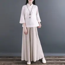 フィット コットンリネン ワイドレッグパンツ【春秋用・大きいサイズ・無地・抽绳付き】