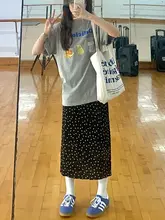黒の水玉模様のカジュアル半身スカート【夏用・大きいサイズ・Aライン・お腹隠し・ミディ丈】（セットアップ対応）