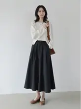 ハイウエストAラインスカート【コットン・中長丈・春秋用・大きな裾・シンプル】
