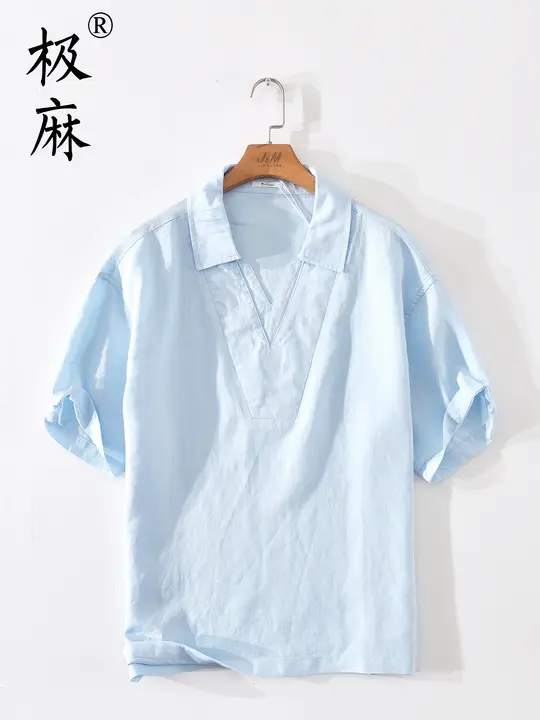 Vネックの天竺麻ブレンド半袖シャツ【夏用・フィット・メンズ・基礎デザイン】（セットアップ対応）