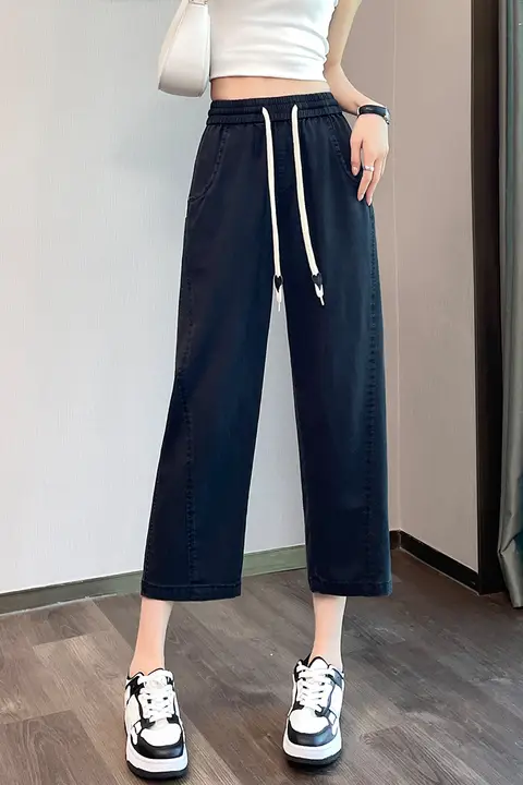 高腰ストレートデニムパンツ【レディース・薄手・ワイドレッグ・ハイウエスト・八分丈】