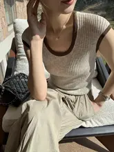 pusumede コントラストカラーUネックニット短袖Tシャツ【フレアスリーブ・夏用・タイトフィット】