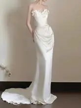 エレガントなオフショルダー軽婚纱【サテン風・レース・フィッシュテールデザイン】