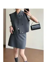 立襟デザインのスリーブ付きベストとAラインスカート【国風・暗い模様・花柄】（セットアップ対応）