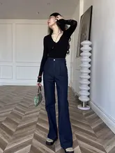 高腰デニムブーツカットパンツ【深青・テーパード・ワッシュ加工・伸縮性低】