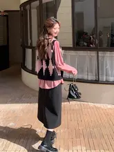 春のファッション！コントラストチェック柄トップスとスカート【優れたスタイルアップ効果・長袖・半身スカート】（セットアップ対応）