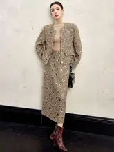 セットアップ レディース ツイード風 スパンコール トップス ハイウエスト ロングスカート お嬢様風 上品 「MOSU」