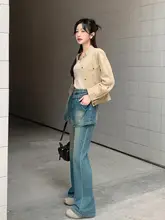 デザイン性のあるフェイクツーピース微フレアデニムパンツ【ハイウエスト・ゆったりフィット・春秋用】（セットアップ対応）