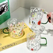 大容量のガラス製水杯【花柄・デザインカップ・刻み目付き】