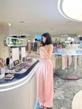 洗練されたデザイン！抽 pleat 抹胸サテン風 ワイドパンツ【ピンク・女性用】（セットアップ対応）